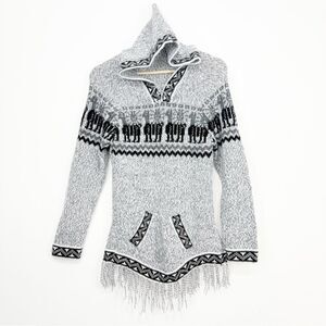 Peruvian Tribal Knit Hooded Pullover Fringed Ethnic Tunic Sweater
